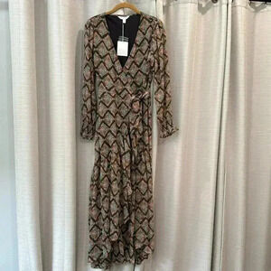LC LAUREN CONRAD FLORAL BLACK DIAMOND HIGH LOW HEM FAUX WRAP LONG SLEEVE DRESS